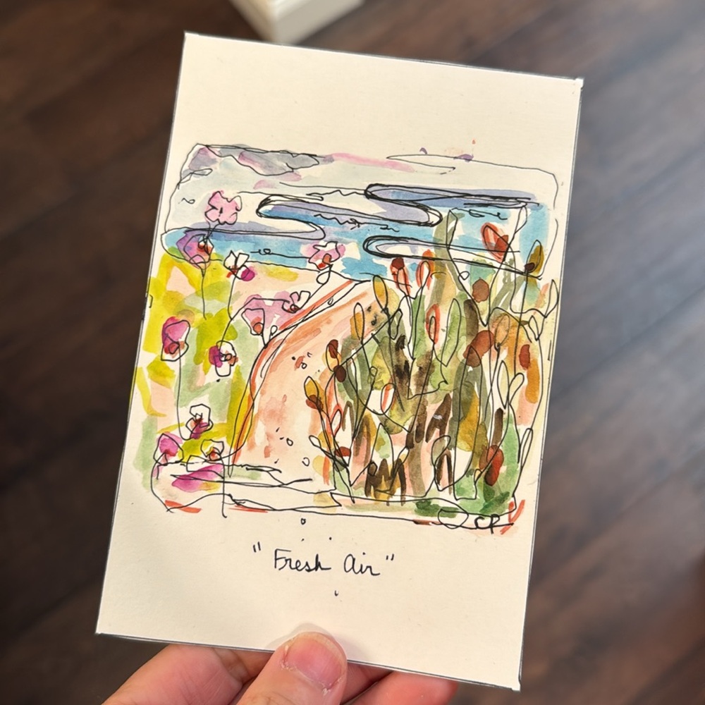 Original Watercolor Paint & Pen Art - Floral Beach Sand Dune Walk - Road Trip